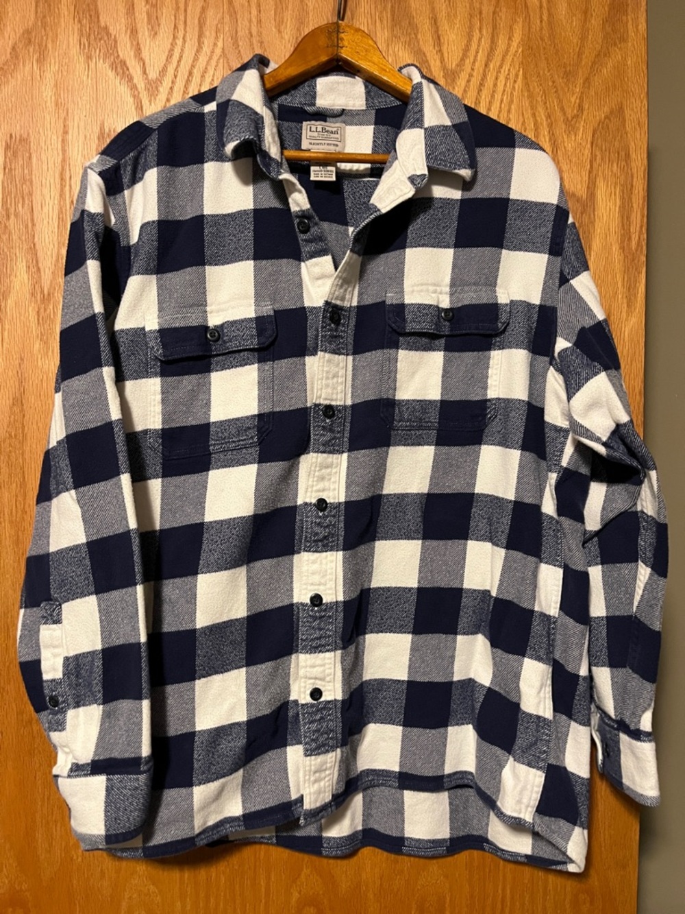 L.L. Bean Men’s Navy and White Buffalo Check Button-Up Shirt
